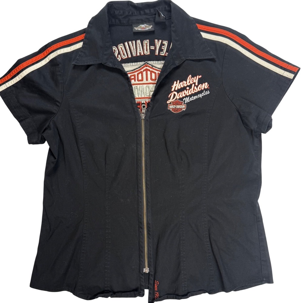 Harley-Davidson Womens XL Black Zip‎ Up Short Sleeve Embroidered Biker Shirt